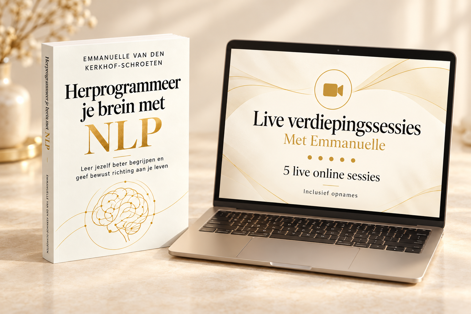 Het boek Herprogrammeer je brein met NLP naast een laptop met de live verdiepingssessies met Emmanuelle